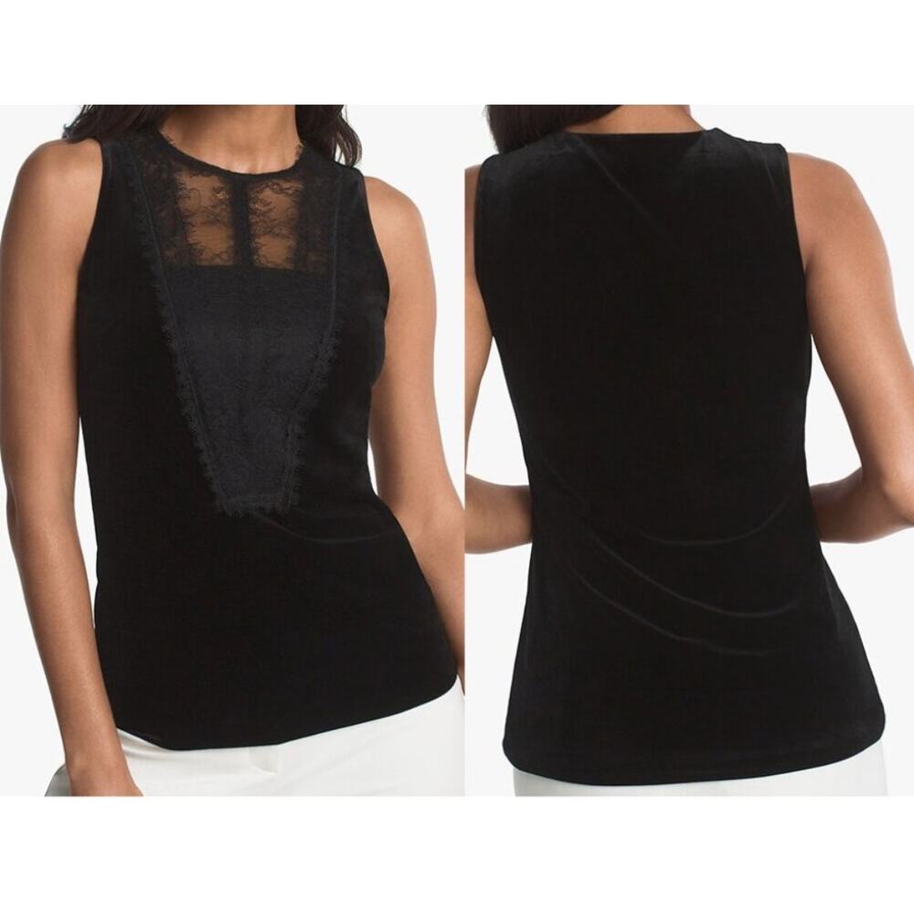 White House Black Market Black Velvet Sleeveless Lace Inset Top Size S